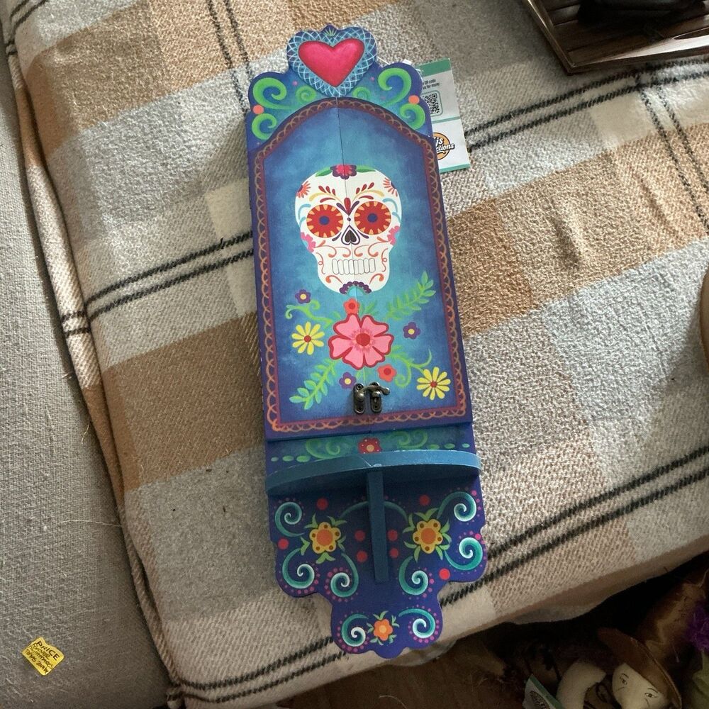 Day of the Dead Sugar Skull Wall Cabinet Shrine Folk Art Dia de los Muertos 20”